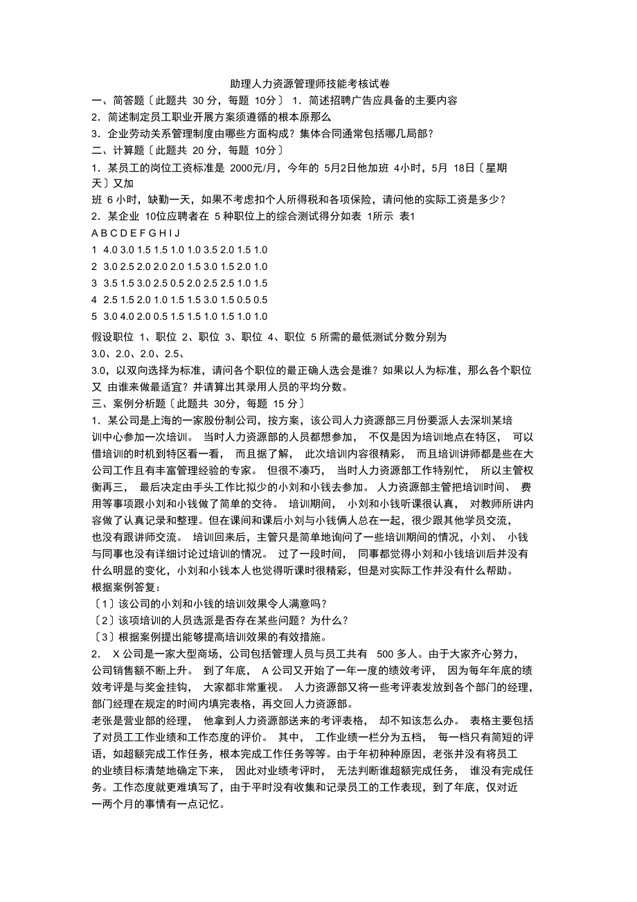 助理人力资源管理师技能考核试卷.docx_第1页