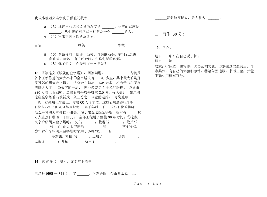 期末练习五年级下学期小学语文总复习综合练习期末模拟试卷A卷练习题.docx_第3页