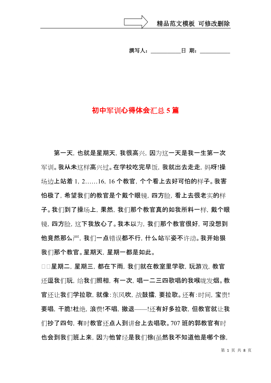 初中军训心得体会汇总5篇（四）.docx_第1页