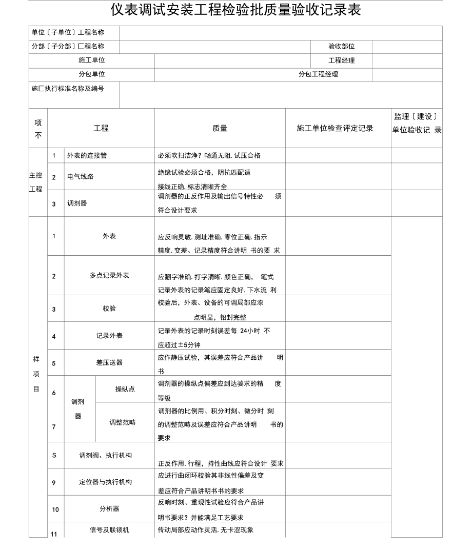 仪表调试安装工程检验批质量验收记录表.docx_第1页