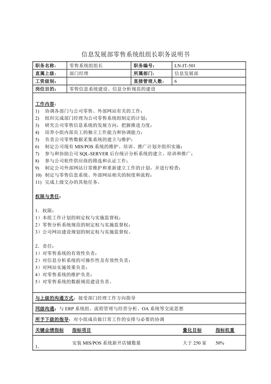 信息发展部零售系统组组长职务说明书.docx_第1页