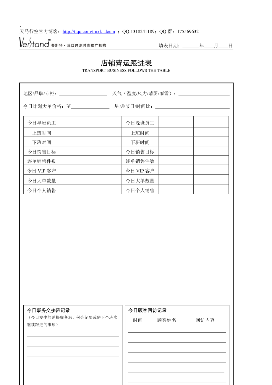 服装专卖店管理之店铺每日营运跟进表.docx_第1页