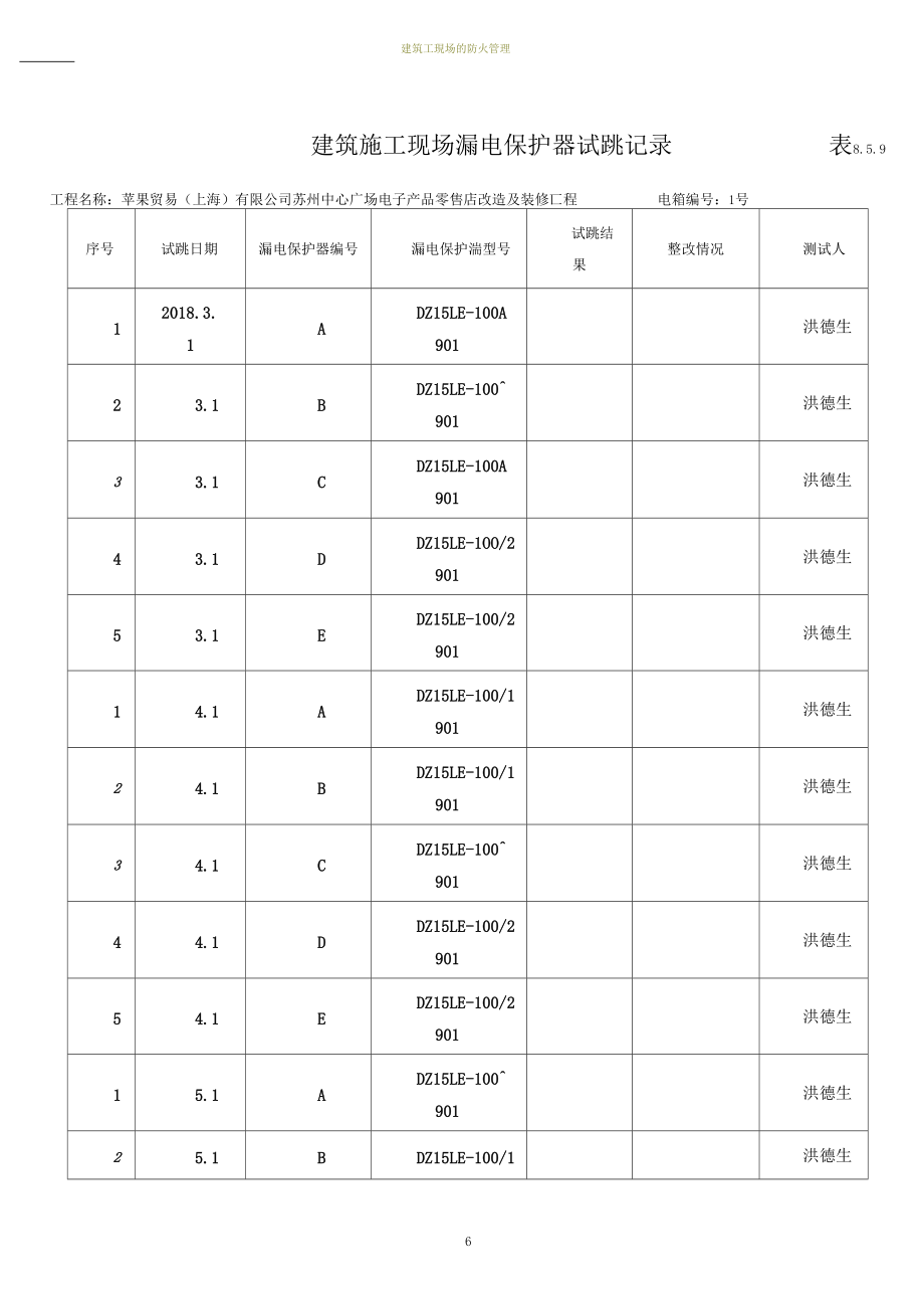 建筑施工现场漏电保护器试跳记录表8.docx_第1页