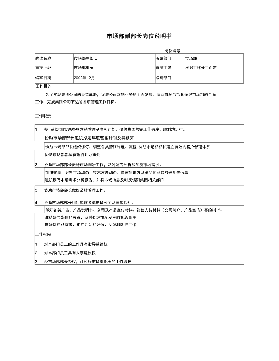 市场部副部长岗位说明书版.docx_第1页