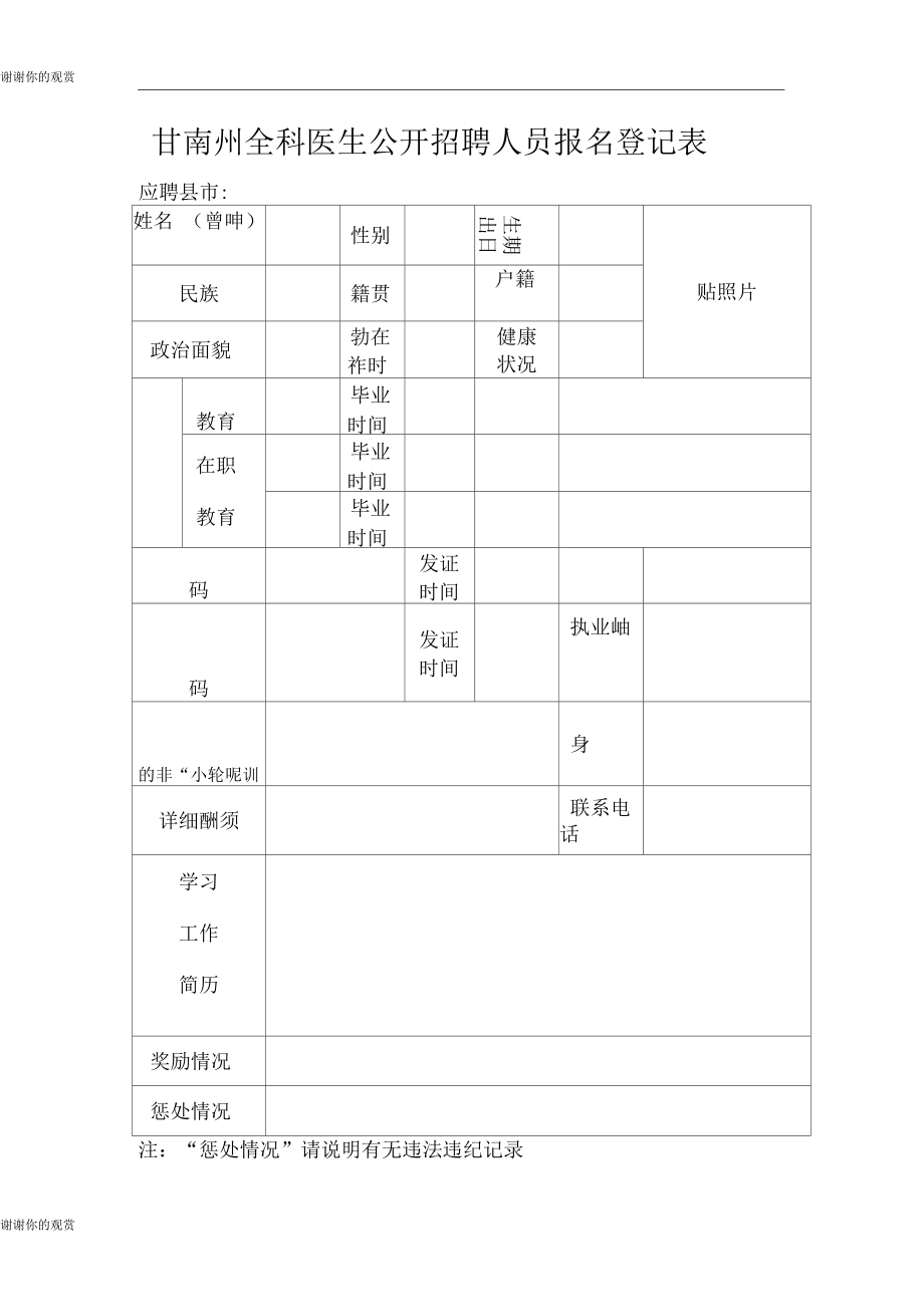 甘南州全科医生公开招聘人员报名登记表.docx_第1页