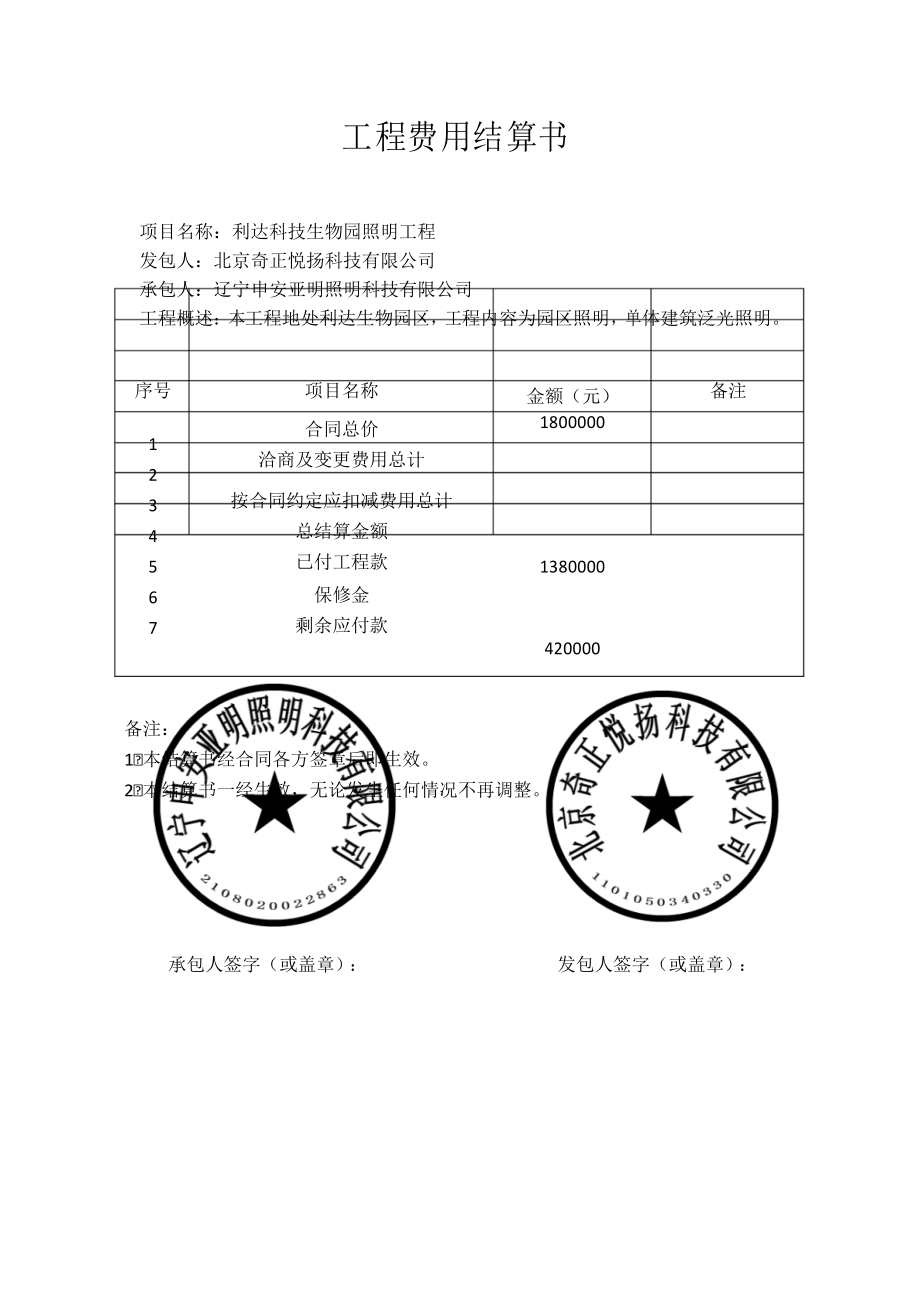 工程费用结算书样本.docx_第2页