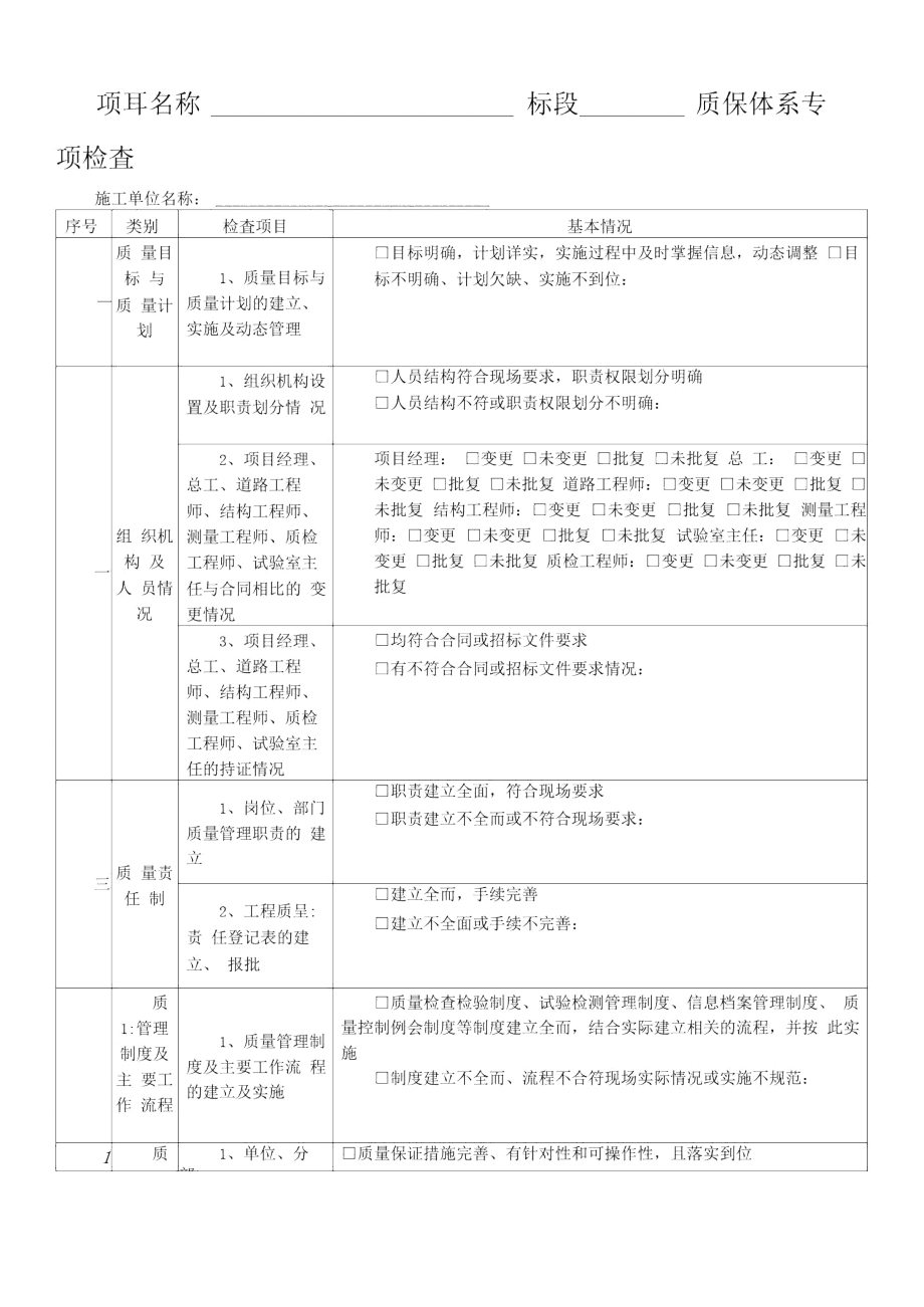 施工单位质保体系检查记录表.doc_第1页