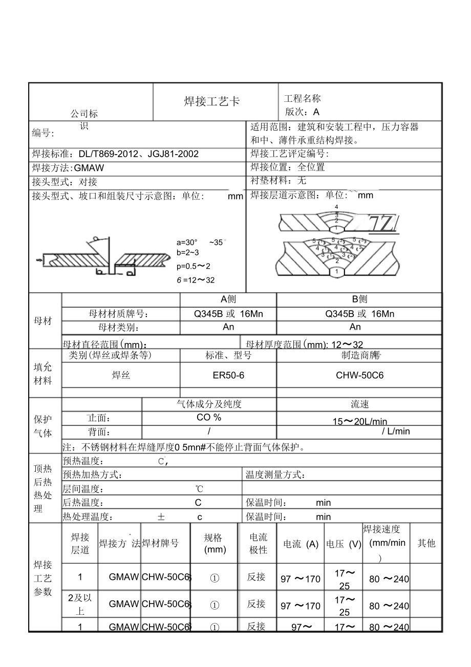 二氧化碳气体保护焊钢结构焊接工艺卡 docx