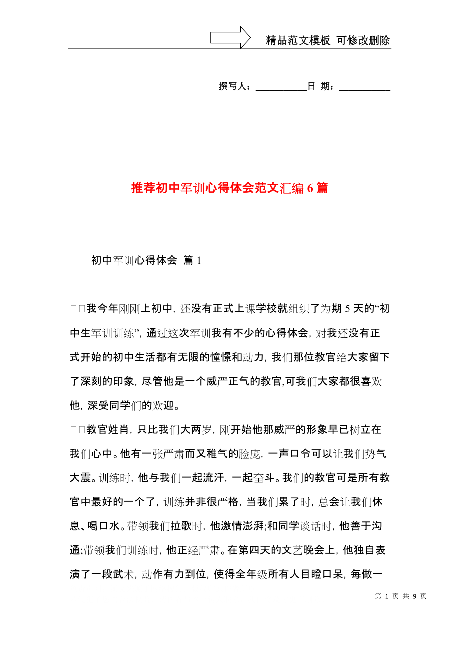 推荐初中军训心得体会范文汇编6篇.docx_第1页