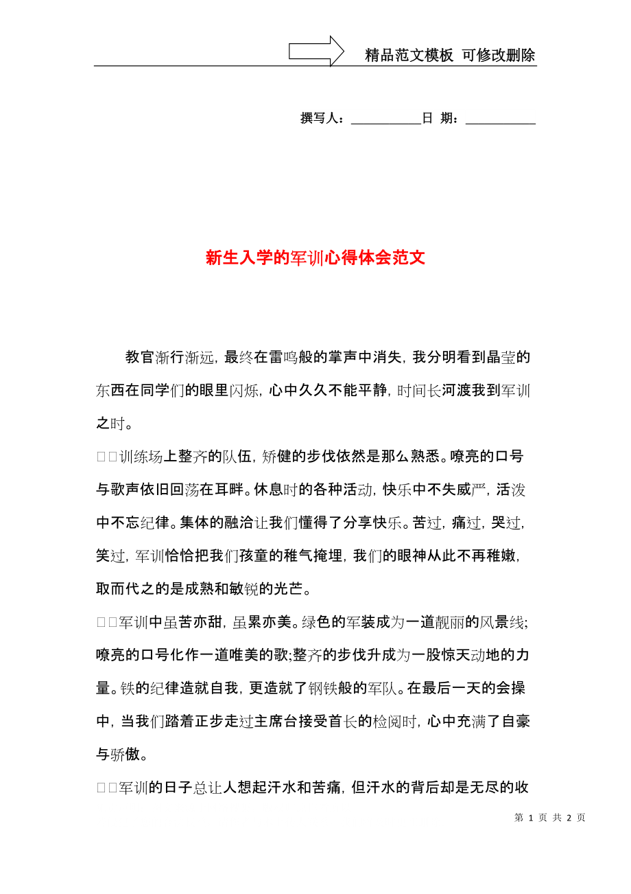 新生入学的军训心得体会范文.docx_第1页