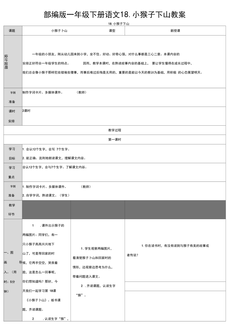 部编版一年级下册语文18.小猴子下山教案.docx_第1页