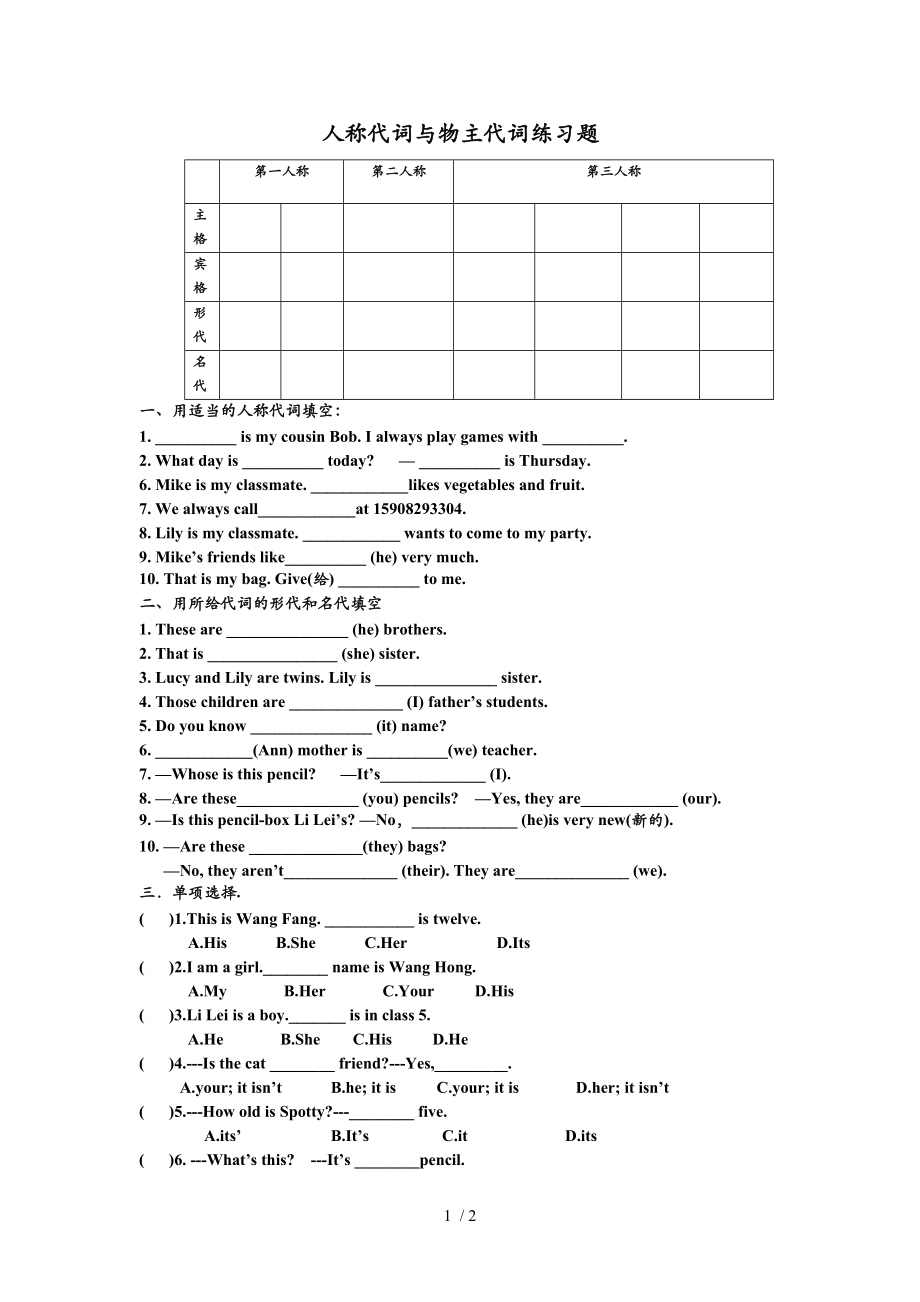 人教英语 七上 人称代词和物主代词专项练习题（无答案）.docx_第1页