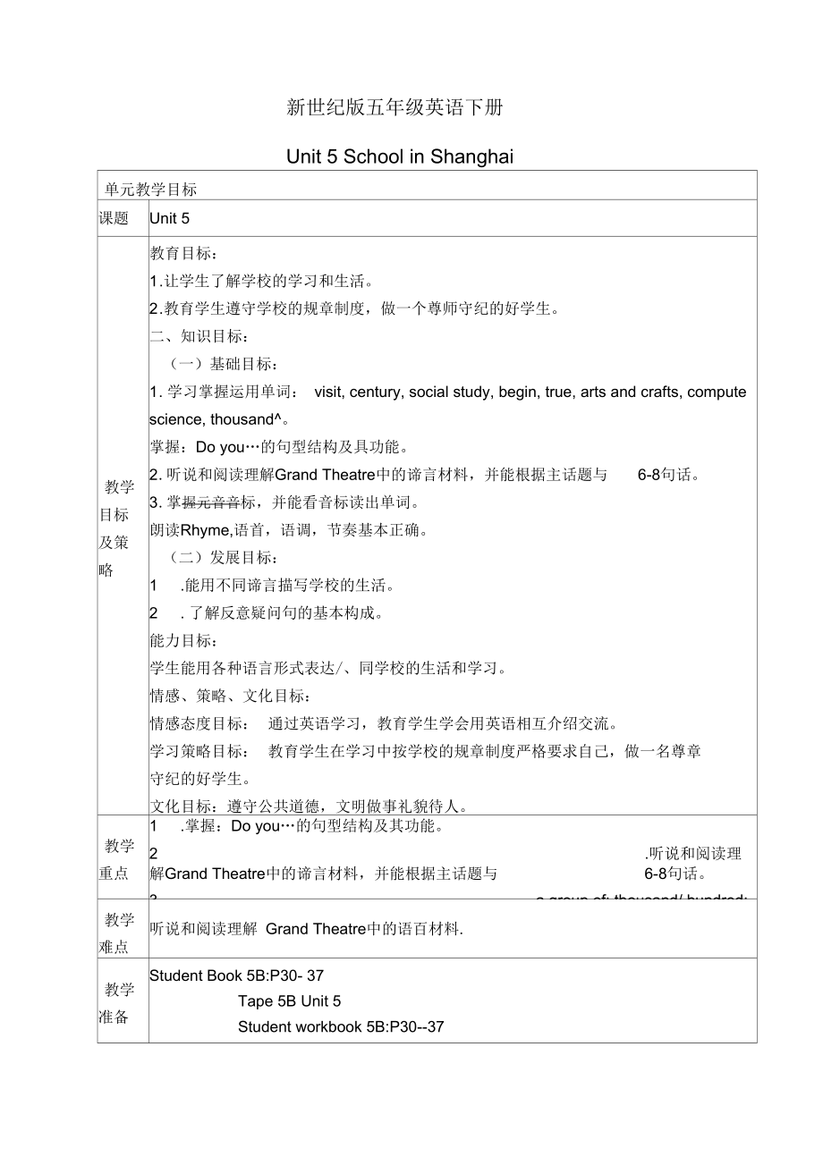 UnitSchoolinShanghai教学设计新世纪版五年级下册教案.docx_第1页