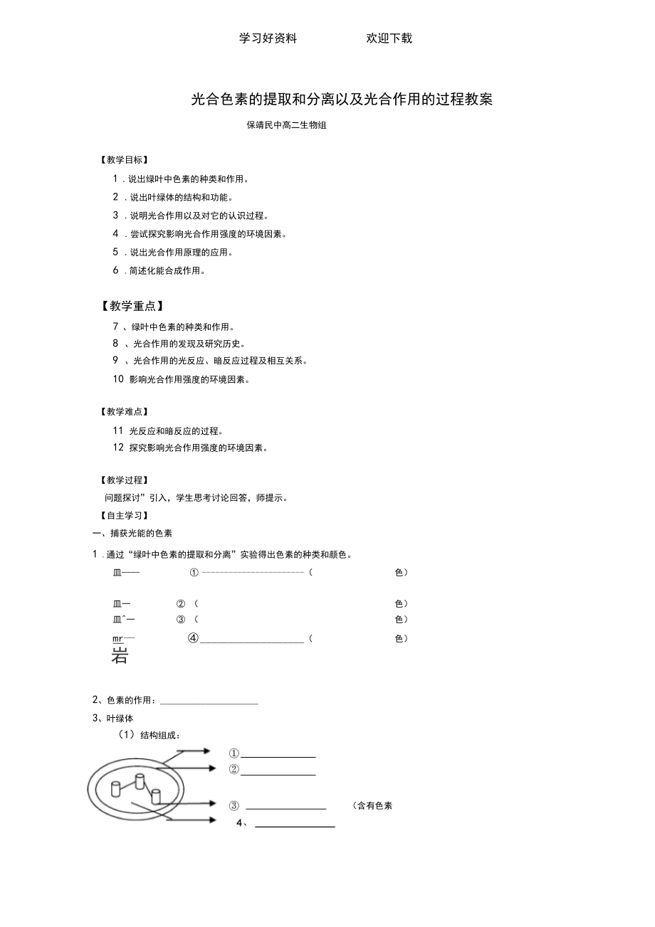 光合色素的提取和分离以及光合作用的过程教案.docx_第1页