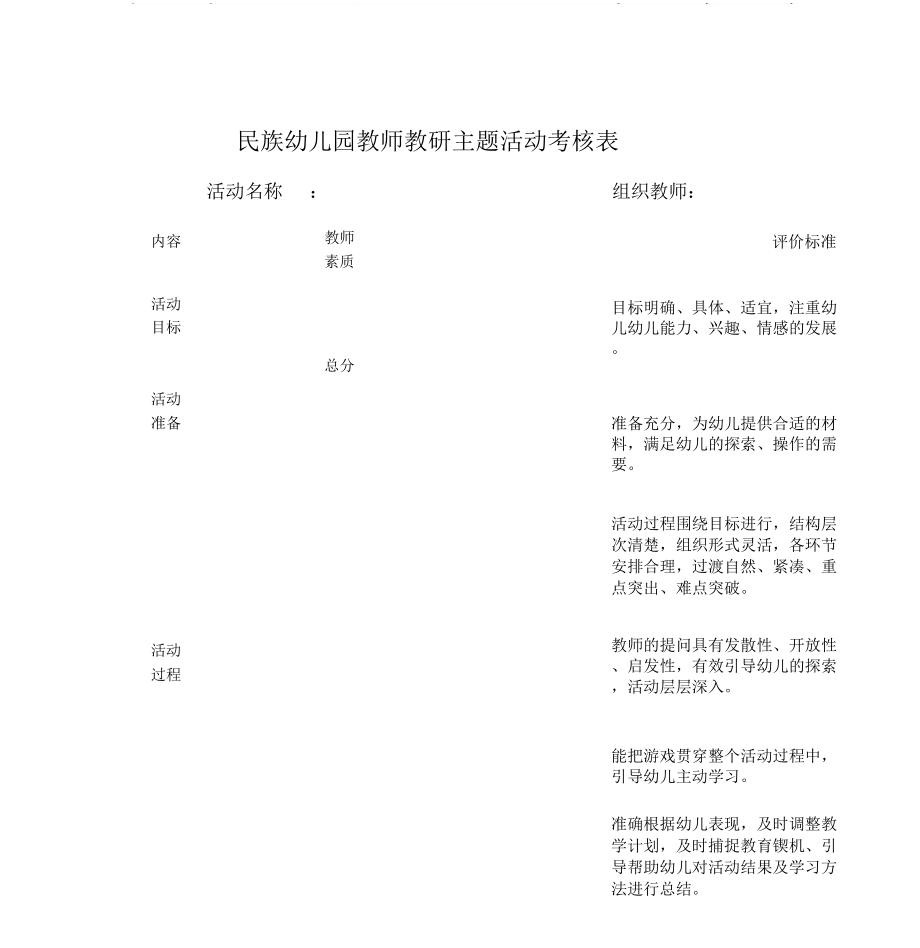 民族幼儿园教师教研主题活动考核表.doc_第1页