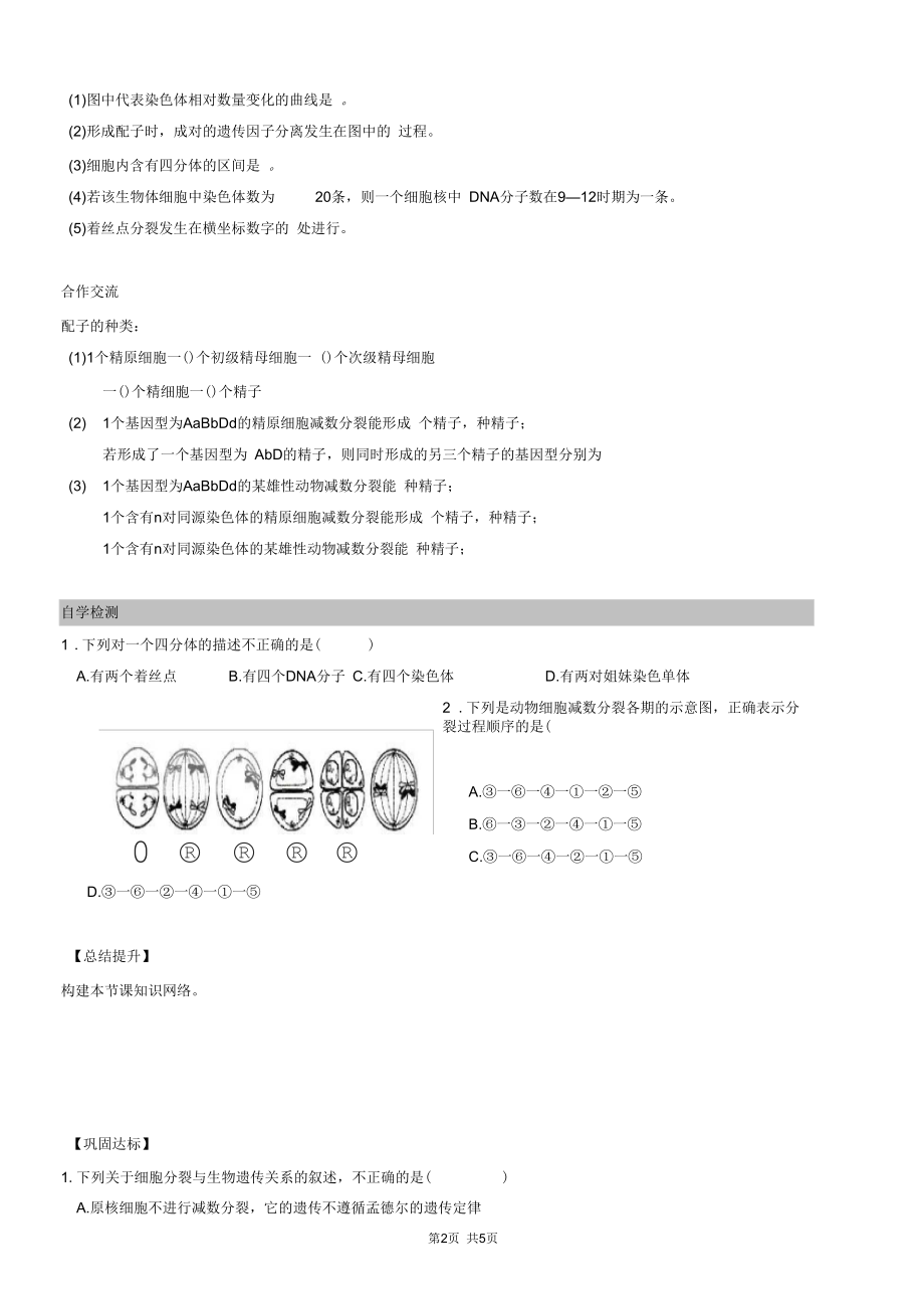 人教版高一必修二生物导学案：2.1.3减数分裂和受精作用.docx_第2页