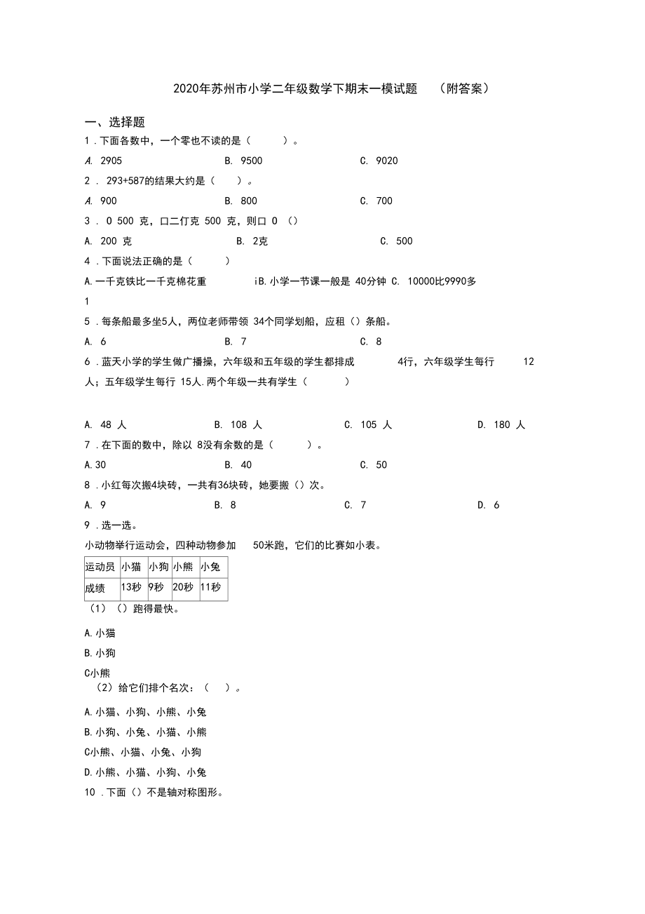 2020年苏州市小学二年级数学下期末一模试题(附答案).docx_第1页