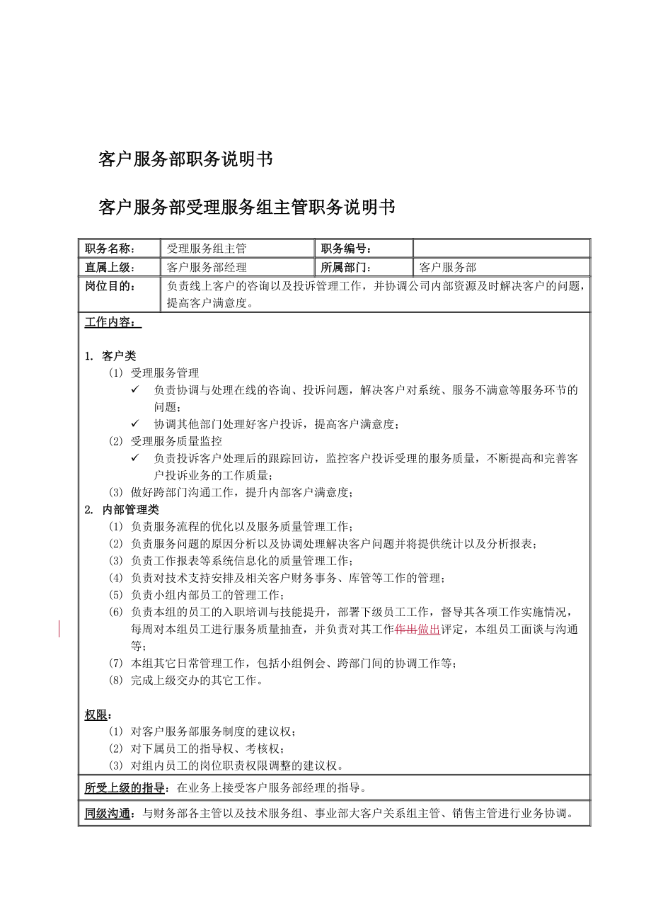 客户服务部受理服务组主管岗位职责.docx_第1页