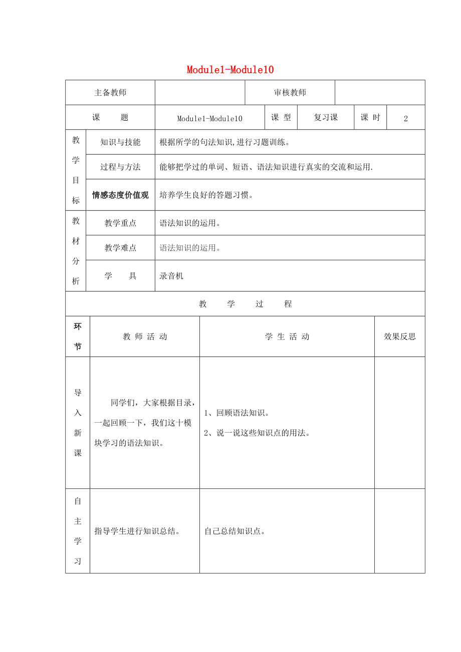 学年四年级英语上册 Module 1-10 （第2课时）复习课导学案 外研版（三起）-外研版小学四年级上册英语学案.doc_第1页