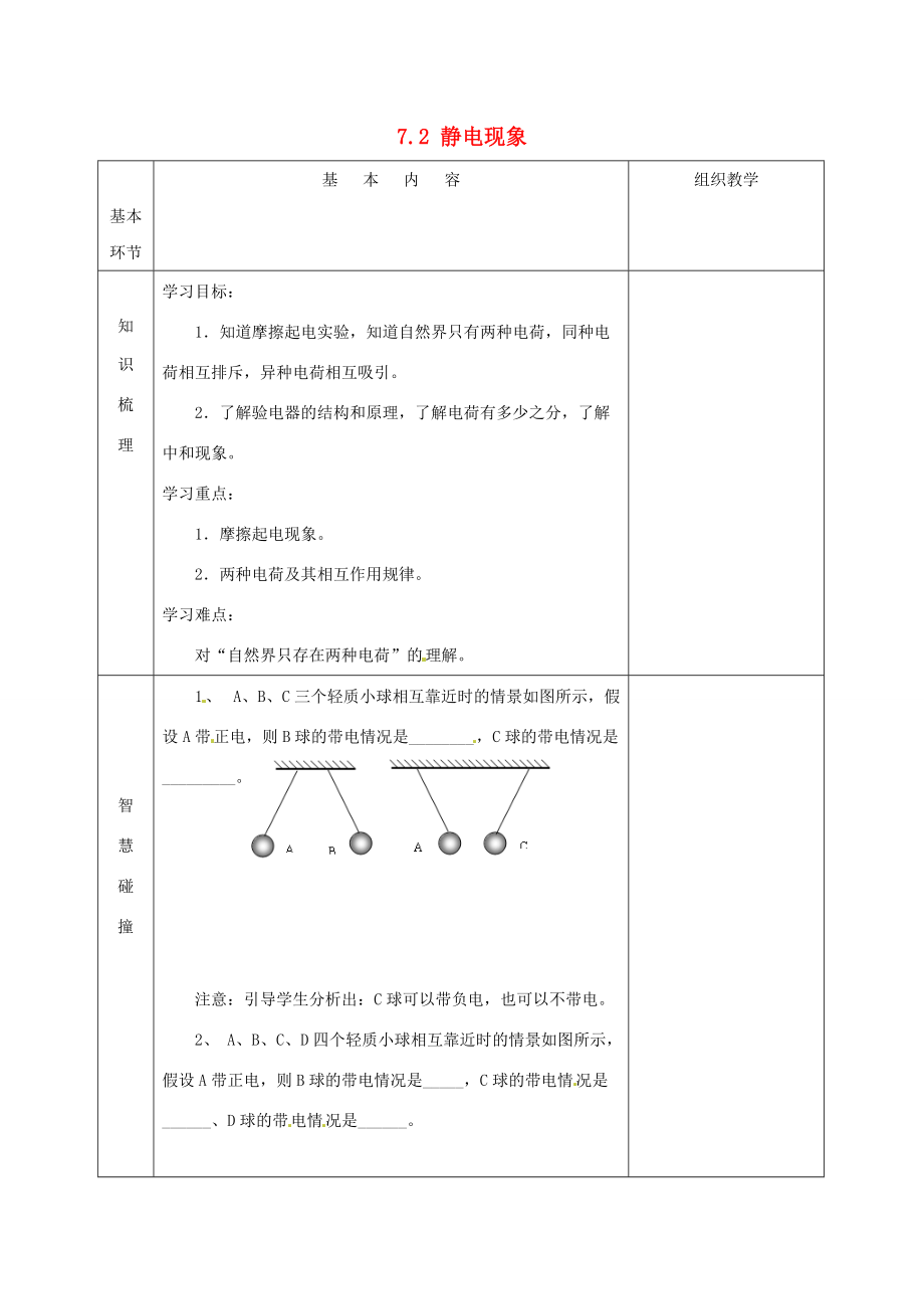 2015年春八年级物理下册 7.2 静电现象导学案2（无答案）（新版）苏科版.doc_第1页