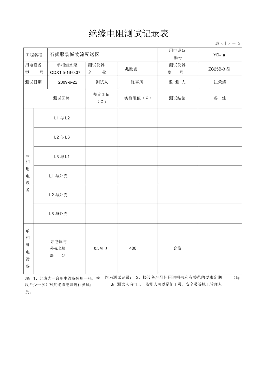 绝缘电阻测试记录簿表.docx_第1页