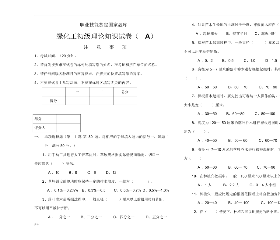 绿化工初级理论试卷(A).docx_第1页