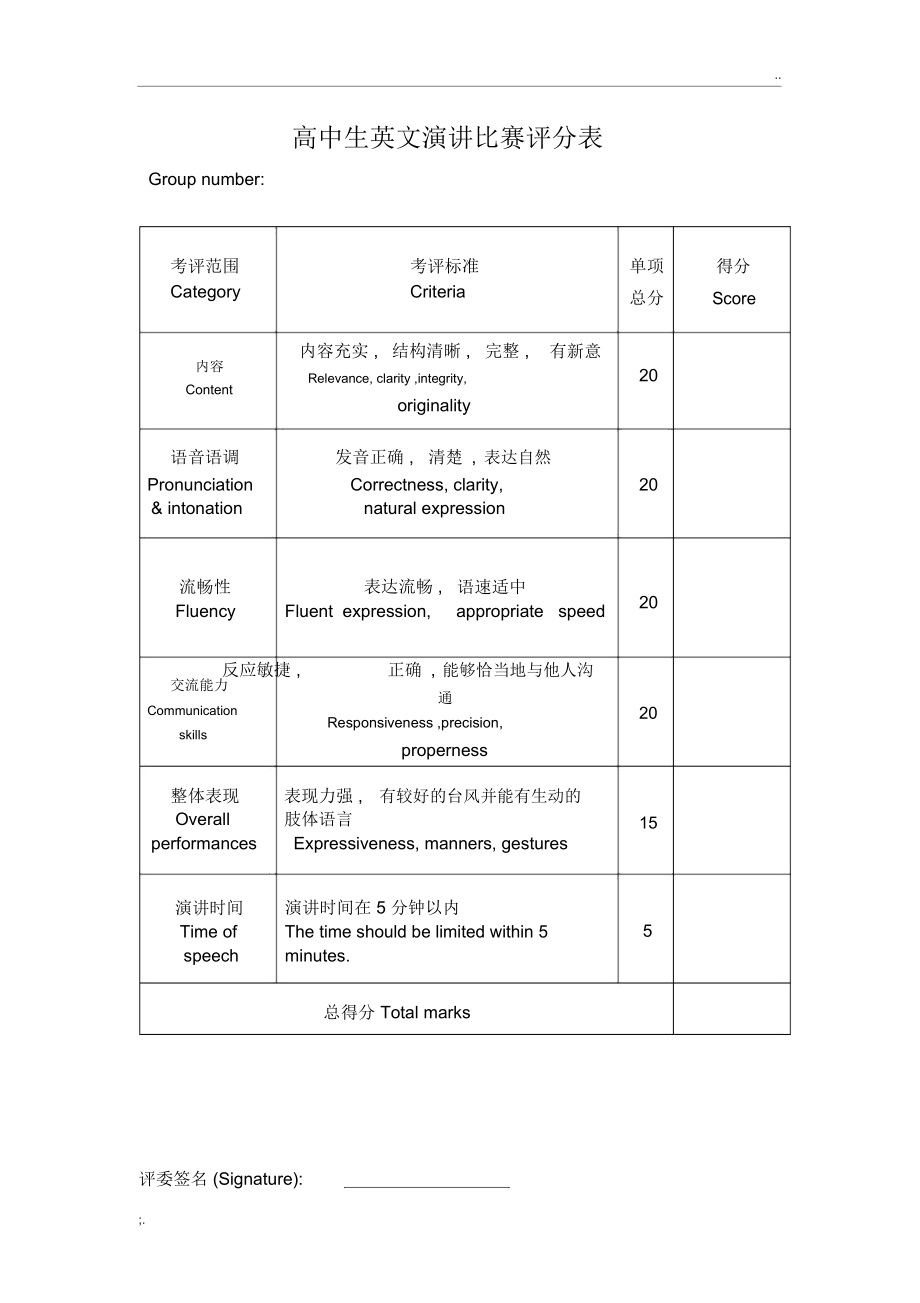 英文演讲比赛评分表(中英文).docx_第1页