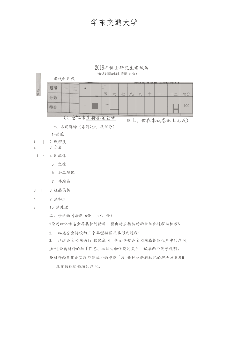 华东交通大学工程材料2019年考博真题+答案.docx_第1页