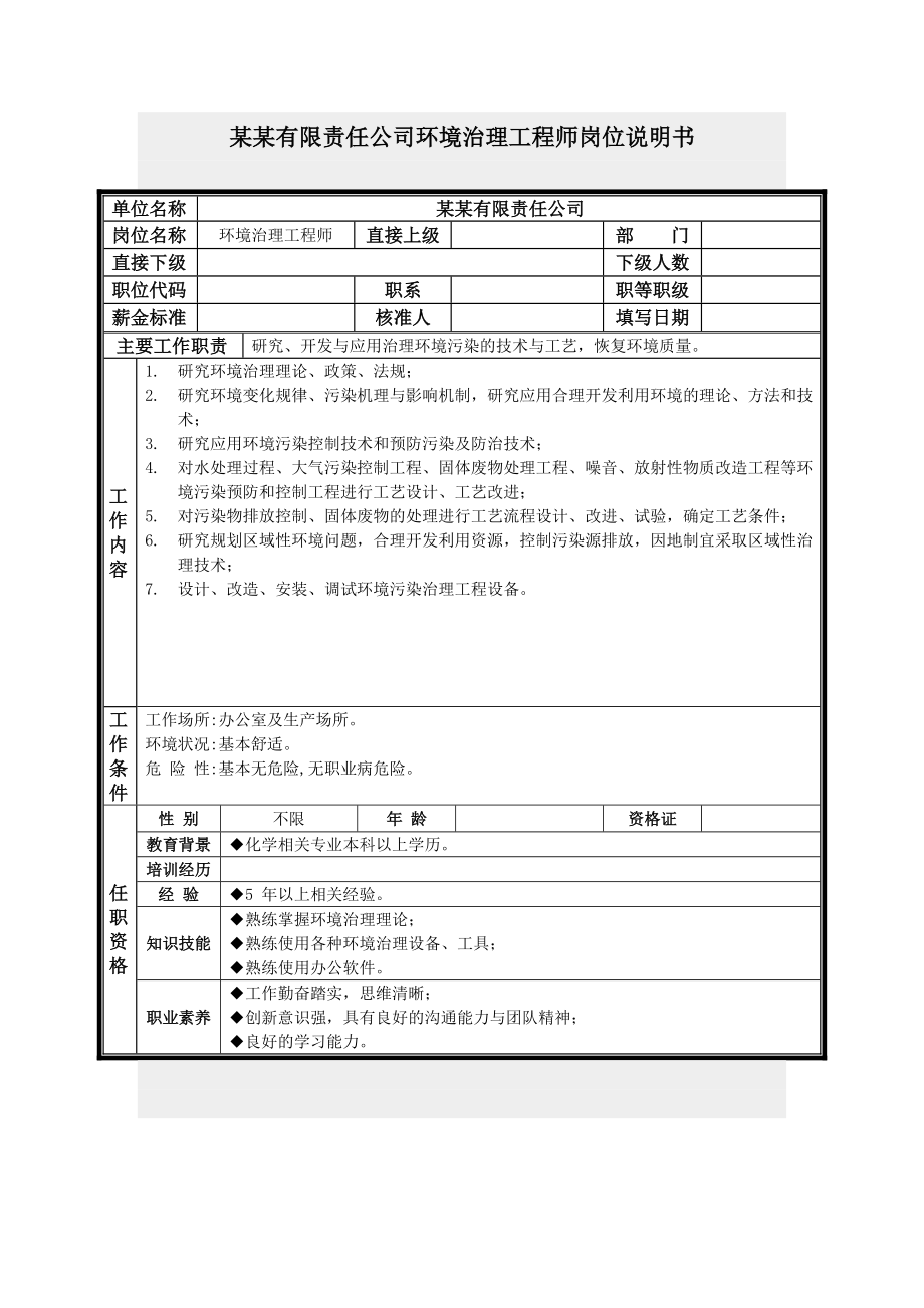 环境治理工程师岗位说明书.docx_第1页