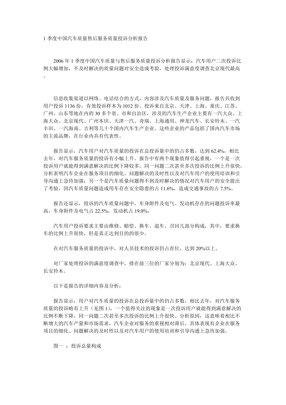 1季度中国汽车质量售后服务质量投诉分析报告(DOC 7).docx_第1页