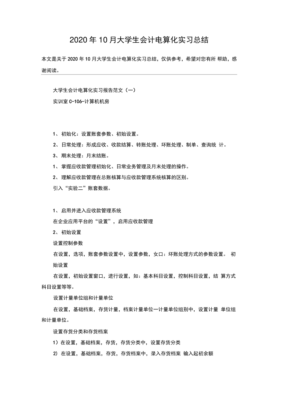 2020年10月大学生会计电算化实习总结.doc_第1页