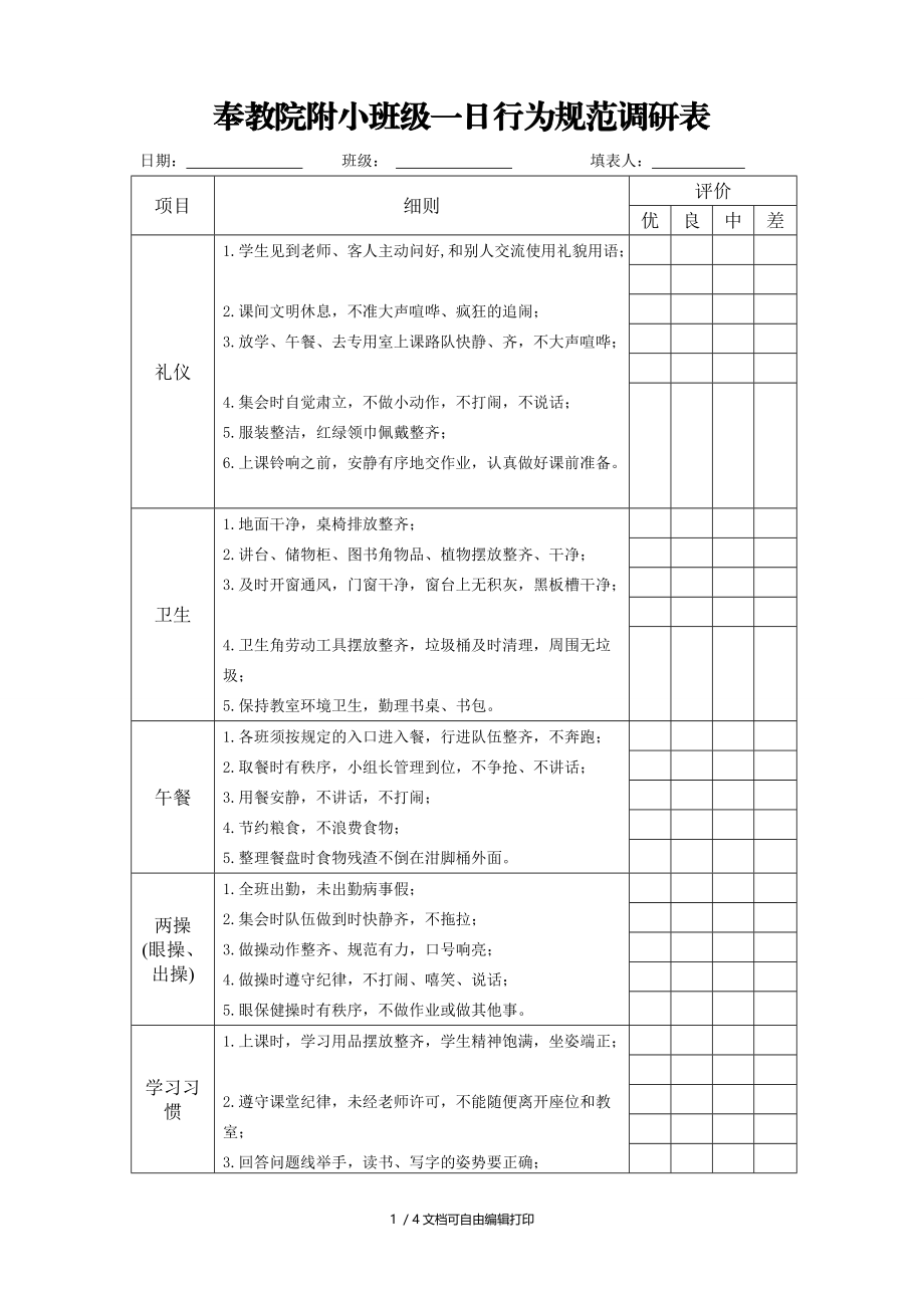 奉教院附小班级一日行为规范调研表.doc_第1页