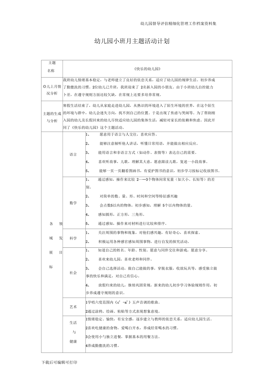 幼儿园督导评价小班月主题活动计划.docx_第1页