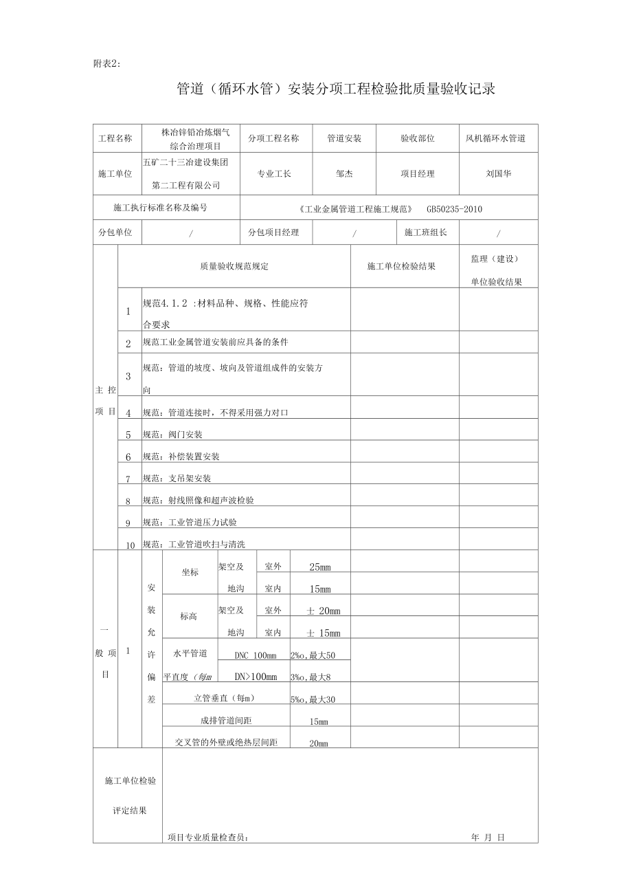 工业管道安装检验批质量验收记录表.docx_第1页