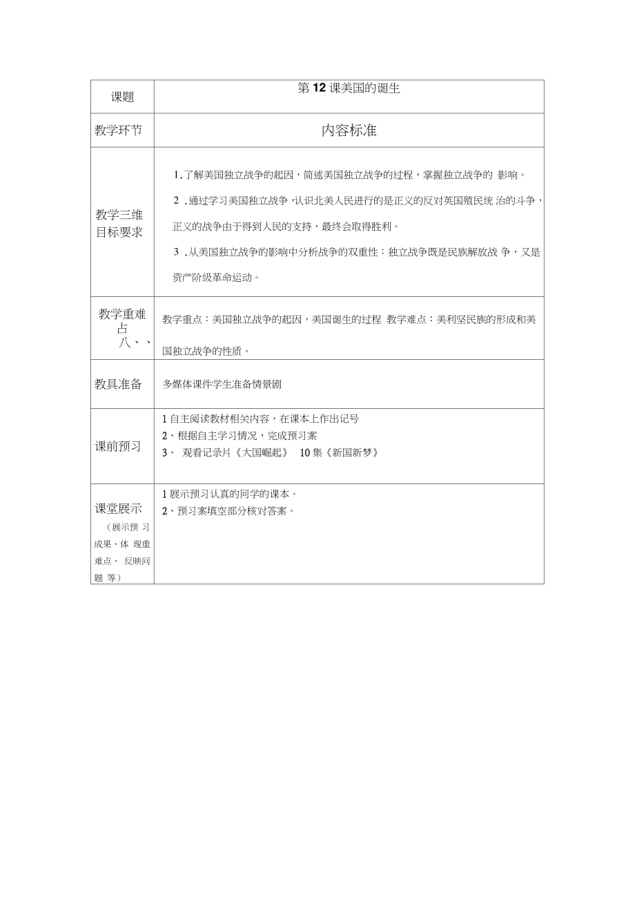 (部编)人教版初中九年级历史上册《第18课美国的独立》优课教学设计_0.doc_第1页