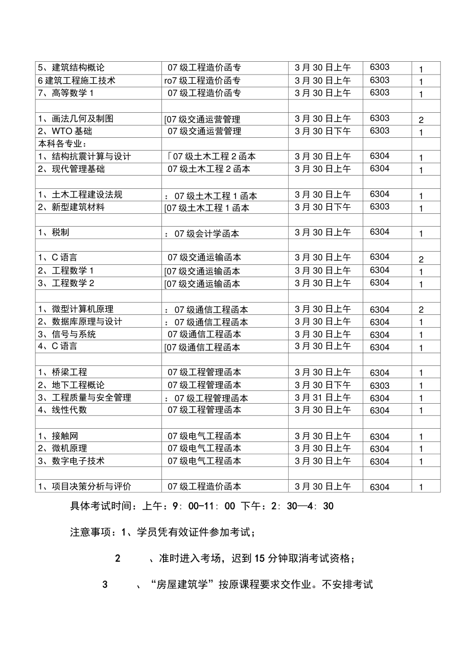 2006级专科、2007级专、本返校冲刺补考课程安排..doc_第2页