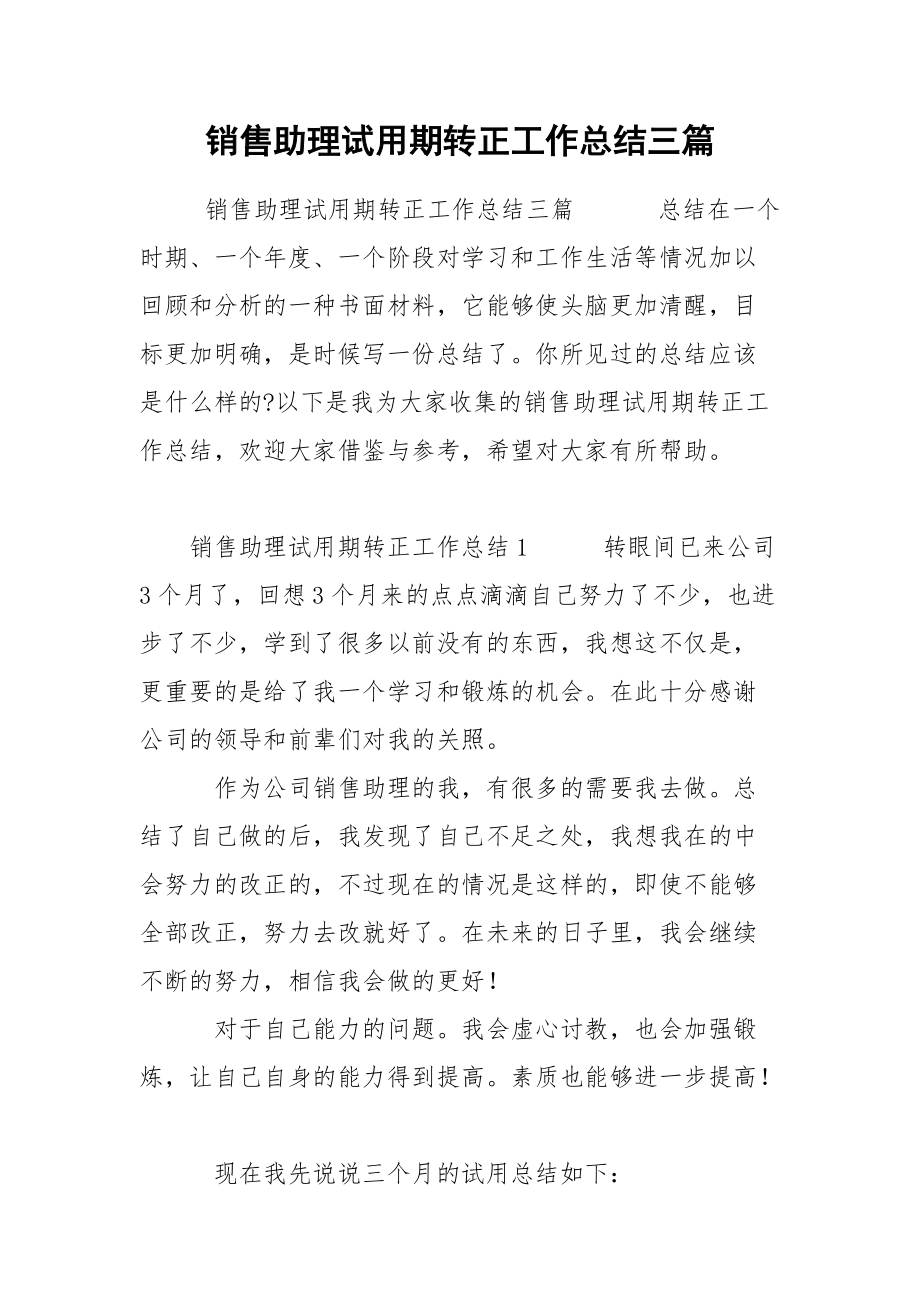 销售助理试用期转正工作总结三篇.docx_第1页