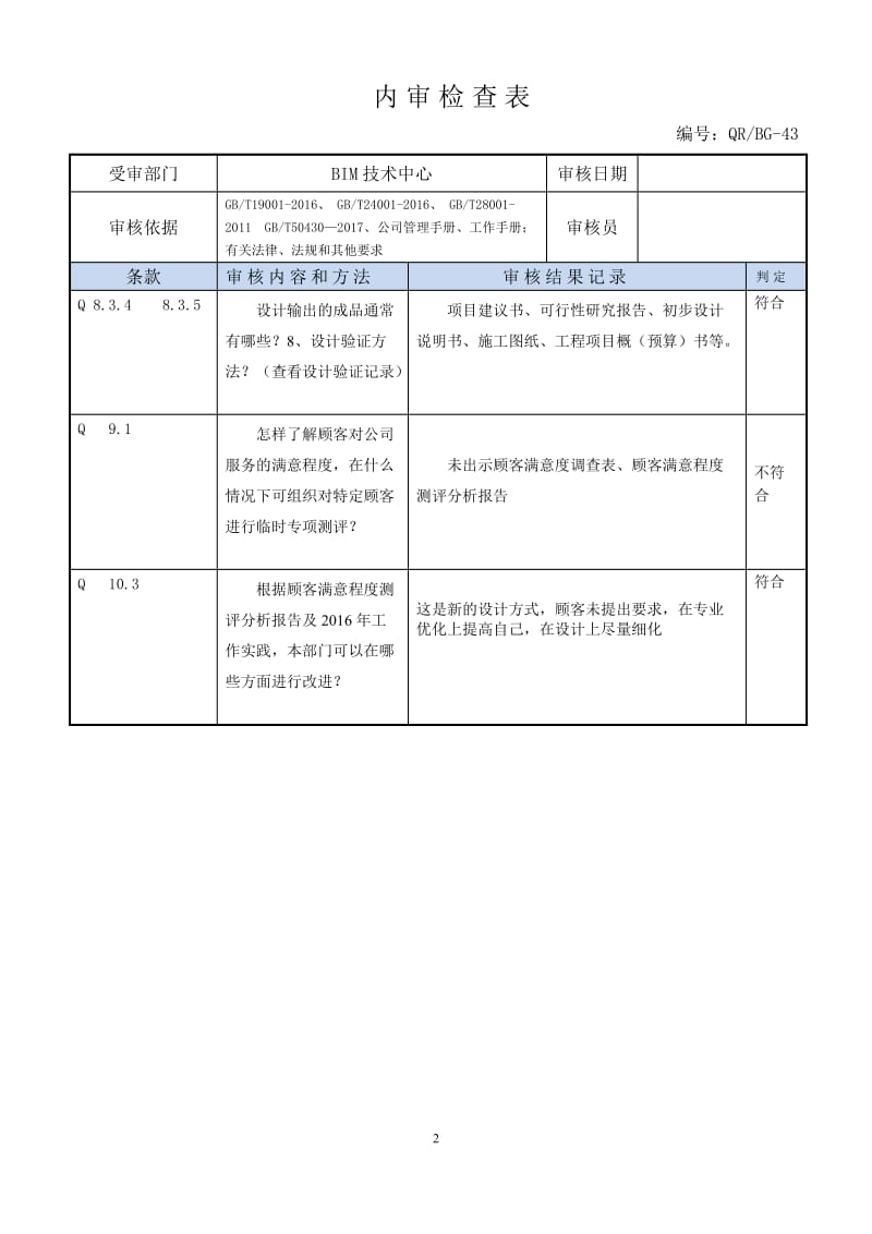 内审检查表（BIM技术中心).doc_第2页