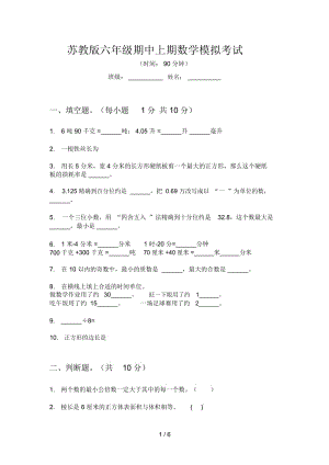 苏教版六年级期中上期数学模拟考试.docx