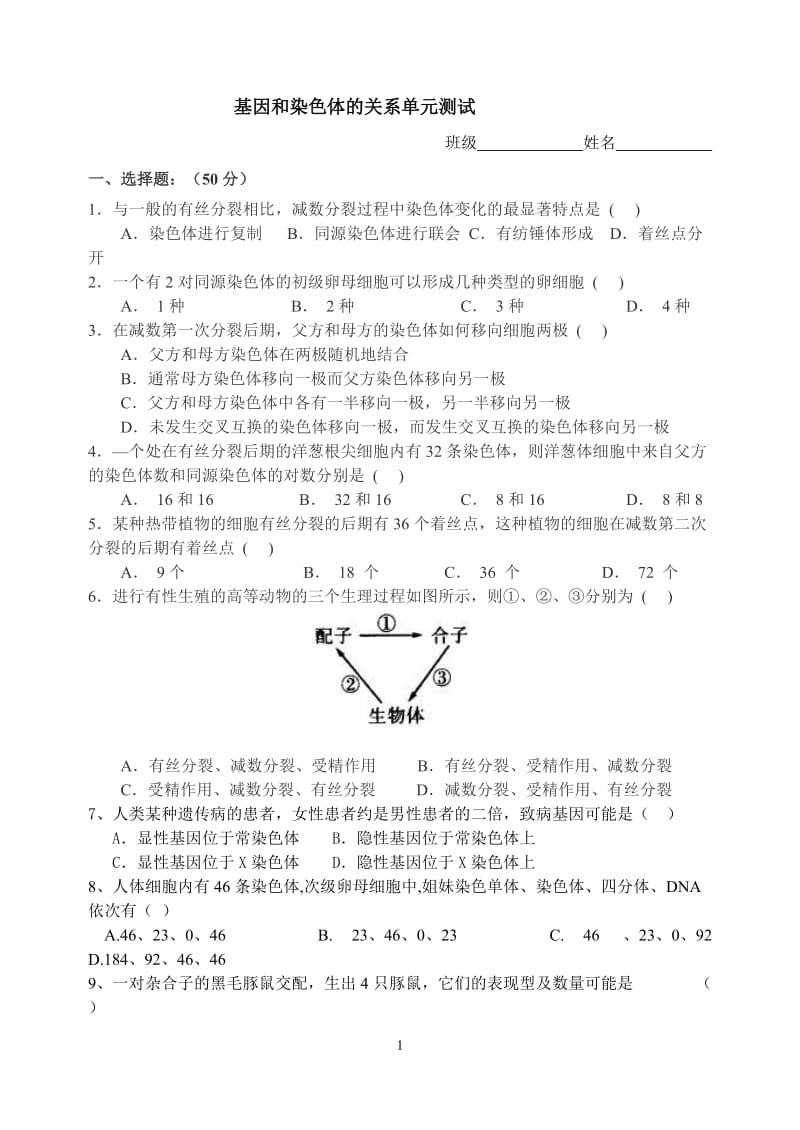 基因和染色体的关系单元测试.doc_第1页