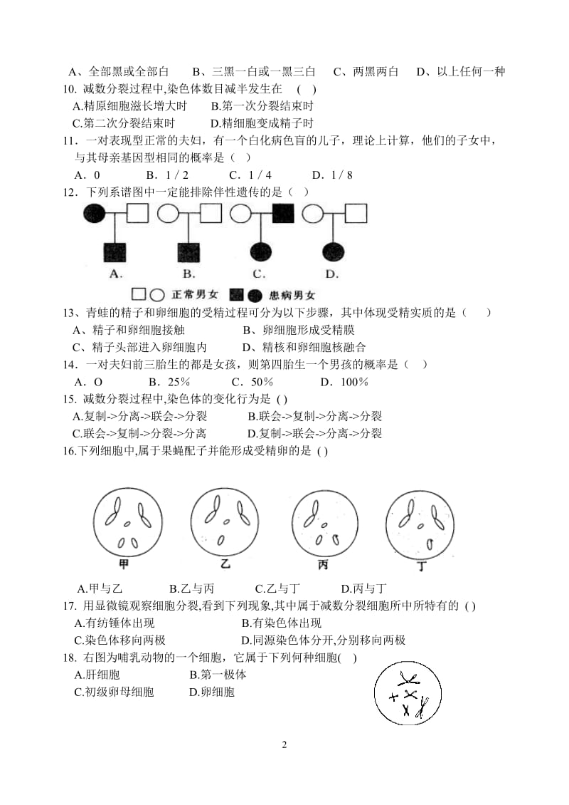 基因和染色体的关系单元测试.doc_第2页