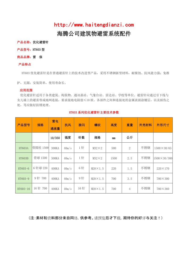 避雷针接地棒接地铜排避雷带等产品技术参数（海腾防雷Word.doc_第1页