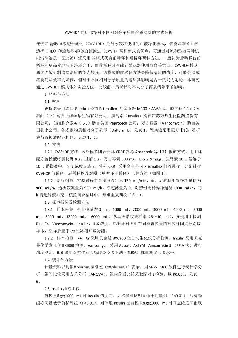 CVVHDF前后稀释对不同相对分子质量溶质清除的方式分析.docx_第1页