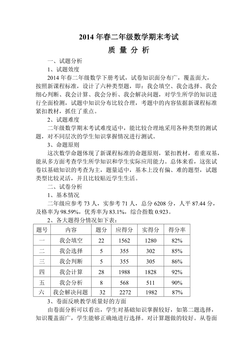 2014年春二年级数学期末质量分析.doc_第1页