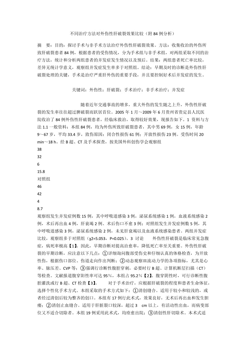 不同治疗方法对外伤性肝破裂效果比较（附84例分析）.docx_第1页