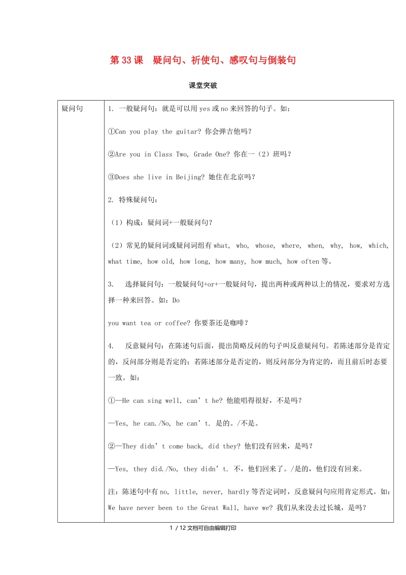 2019届中考英语复习 第二篇 中考语法专项 第33课 疑问句、祈使句、感叹句与倒装句基础知识.doc_第1页