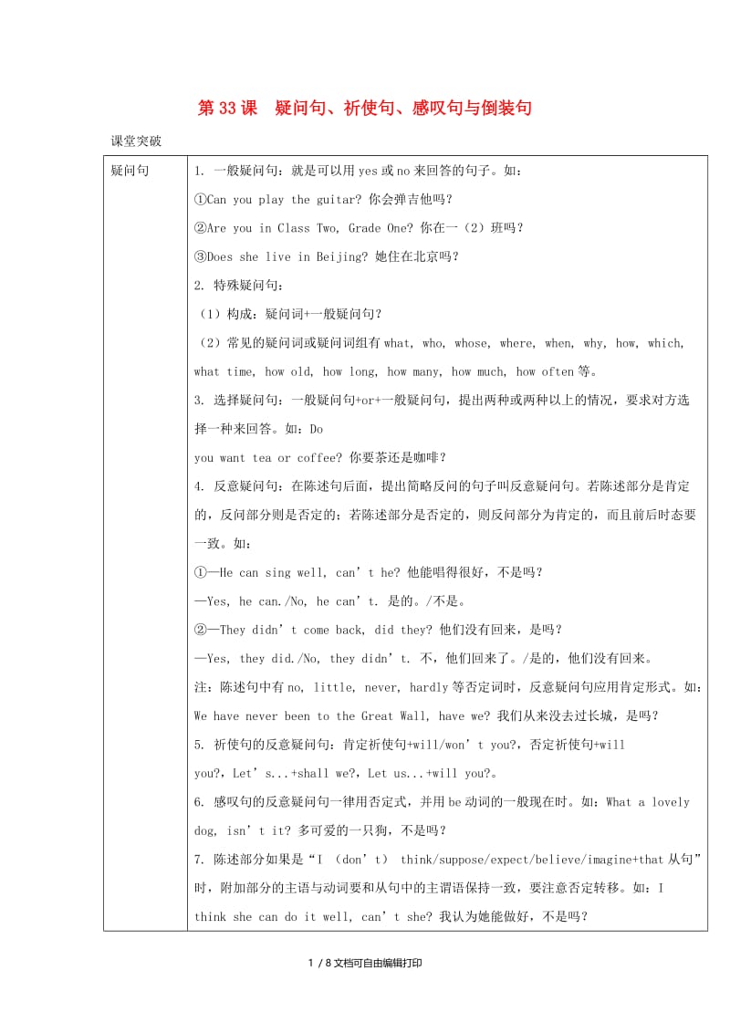 2019届中考英语二轮复习 知识讲与练 第33课 疑问句、祈使句、感叹句与倒装句试题.doc_第1页