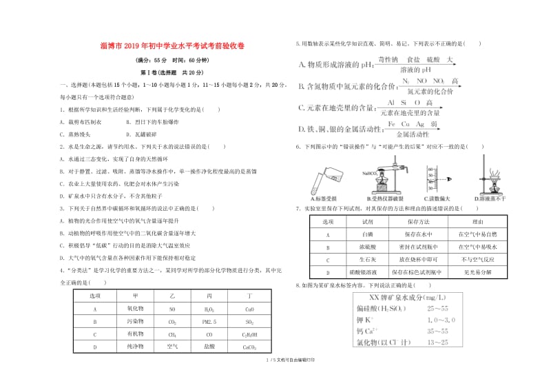 （淄博专版）2019届中考化学复习 第4部分 考前验收卷.doc_第1页