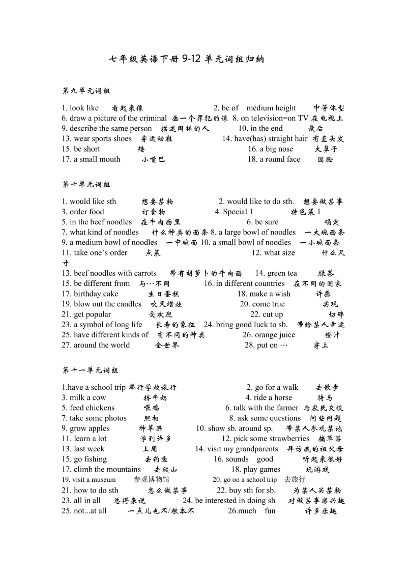 人教版七年级英语下册9-12单元词组归纳.doc_第1页