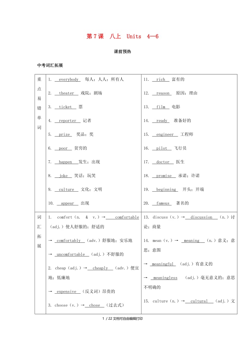 2019届中考英语复习 第一篇 语言基础知识 第7课 八上 Units 4-6基础知识.doc_第1页